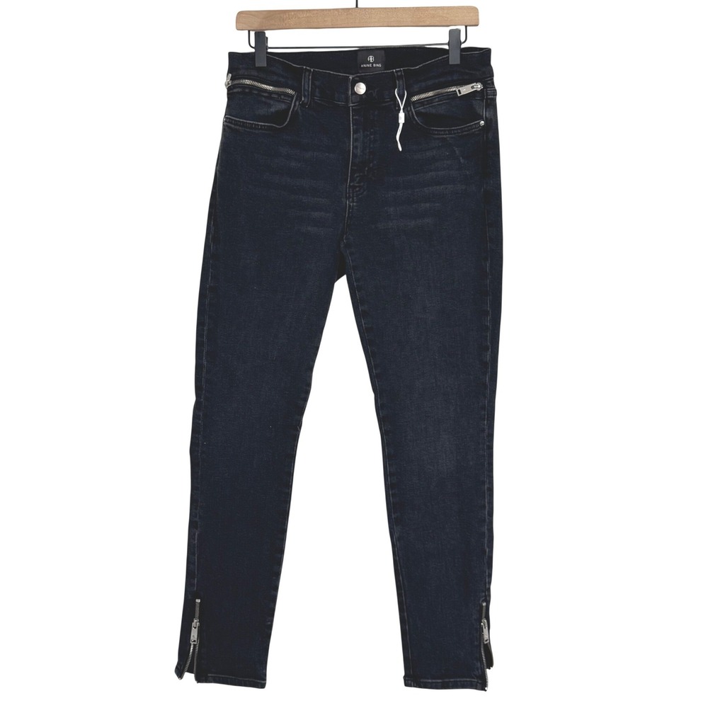Anine Bing Jax Low Rise Ankle Skinny Jeans Black Zipper Biker Designer Rocker 29